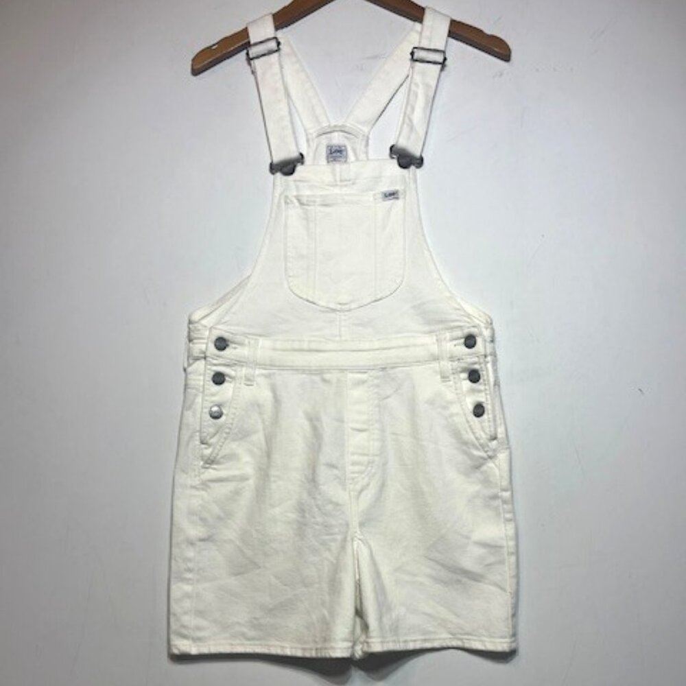 Vintage Riveted Lee Dungarees Women's White Denim Short Overalls 90s‎ Sz S